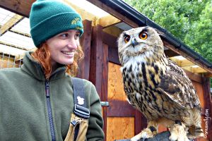 Jamie with Dingle, the Eurasian Eagle Owl
